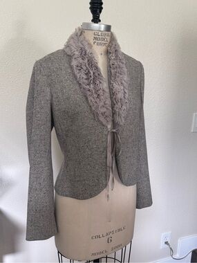 Rebecca Taylor Gray Tweed Jacket with Plush Shawl Collar